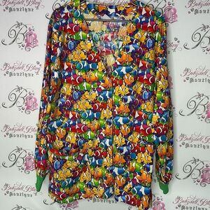 Sassy scrubs cardigan fish print button up Jacket rainbow colorful funny cute 🐠